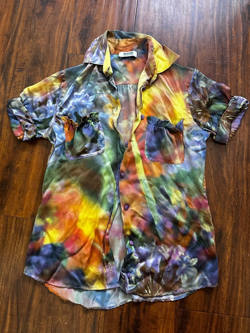 Moschino colorful floral all over print Short Sleeve button collar Shirt silk 4
